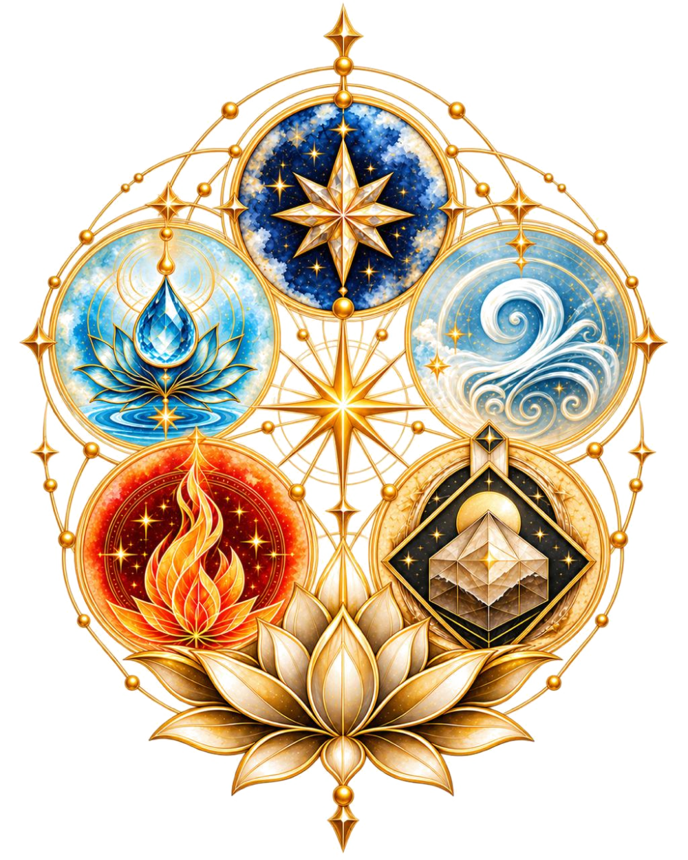Panch Mahabhuta — the five elements Aakash, Jal, Vayu, Agni and Prithvi around a golden lotus